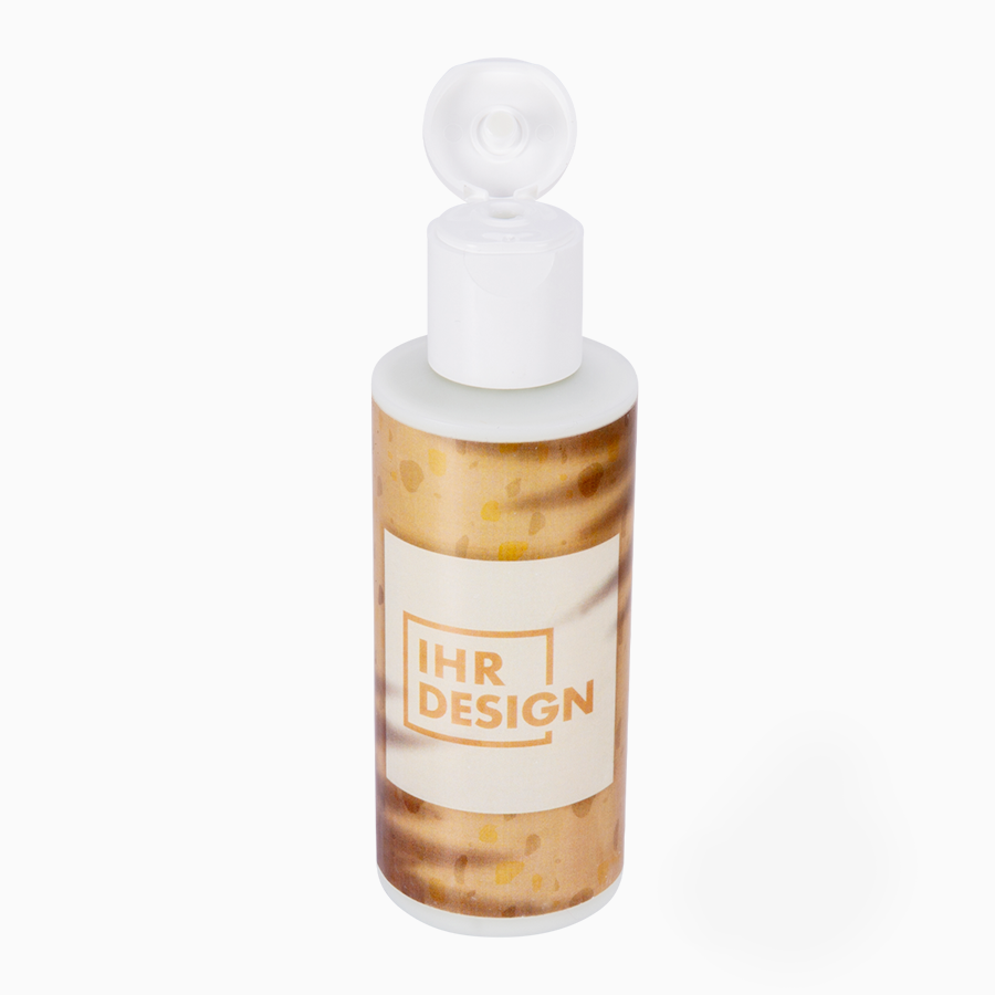 Bodylotion im Wunschdesign in 100-ml-Flasche mit geöffnetem Klappdeckel
