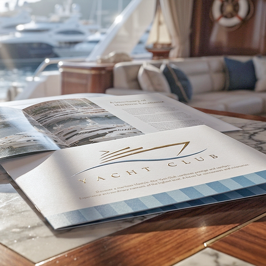 Zwei Broschüren mit Drahtheftung und Veredelung zum eines Yacht Clubs im Format DIN A5 quer