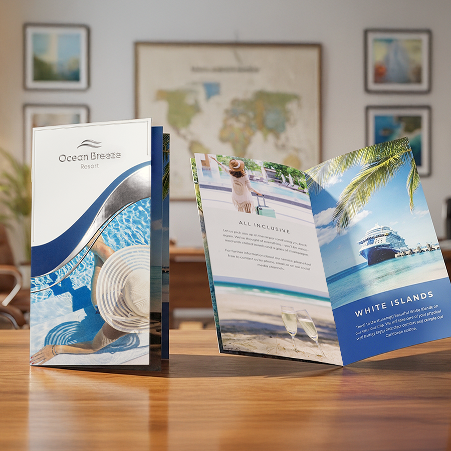 Veredelte Broschüren mit Drahtheftung in DIN lang, individuell bedruckt