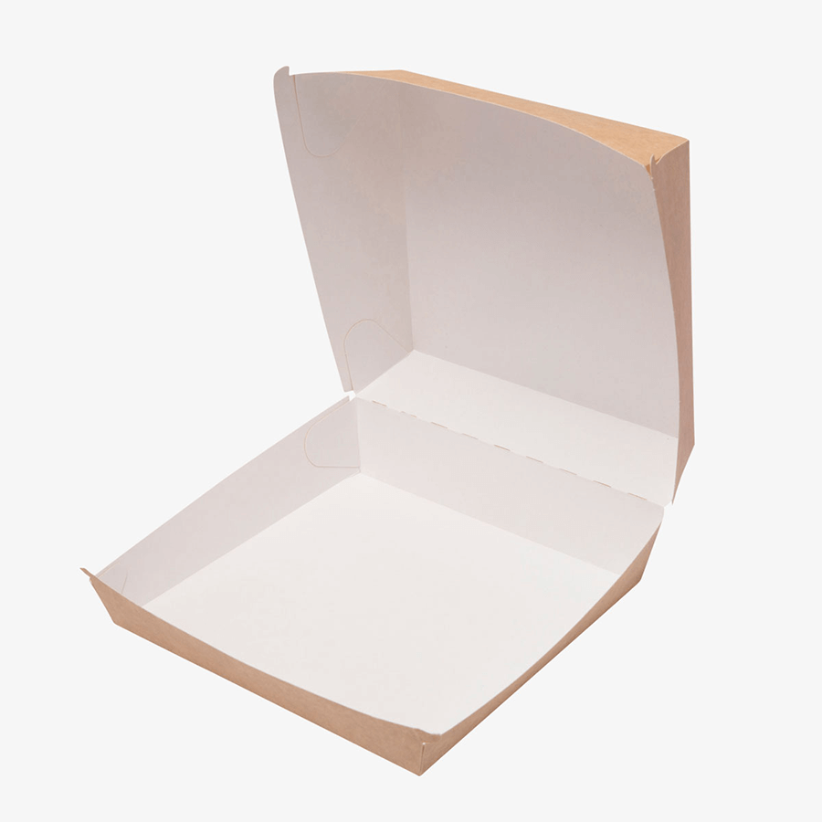 Aufgeklappte Burgerbox (145 x 145 x 80 mm), aussen naturbraun und innen weiss