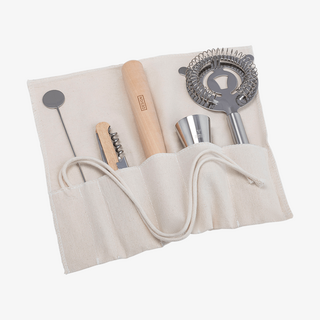 5-teiliges Cocktailset im praktischem Rollbeutel mit Messbecher, Barsieb, Barlöffel, Stössel & Flaschenöffner