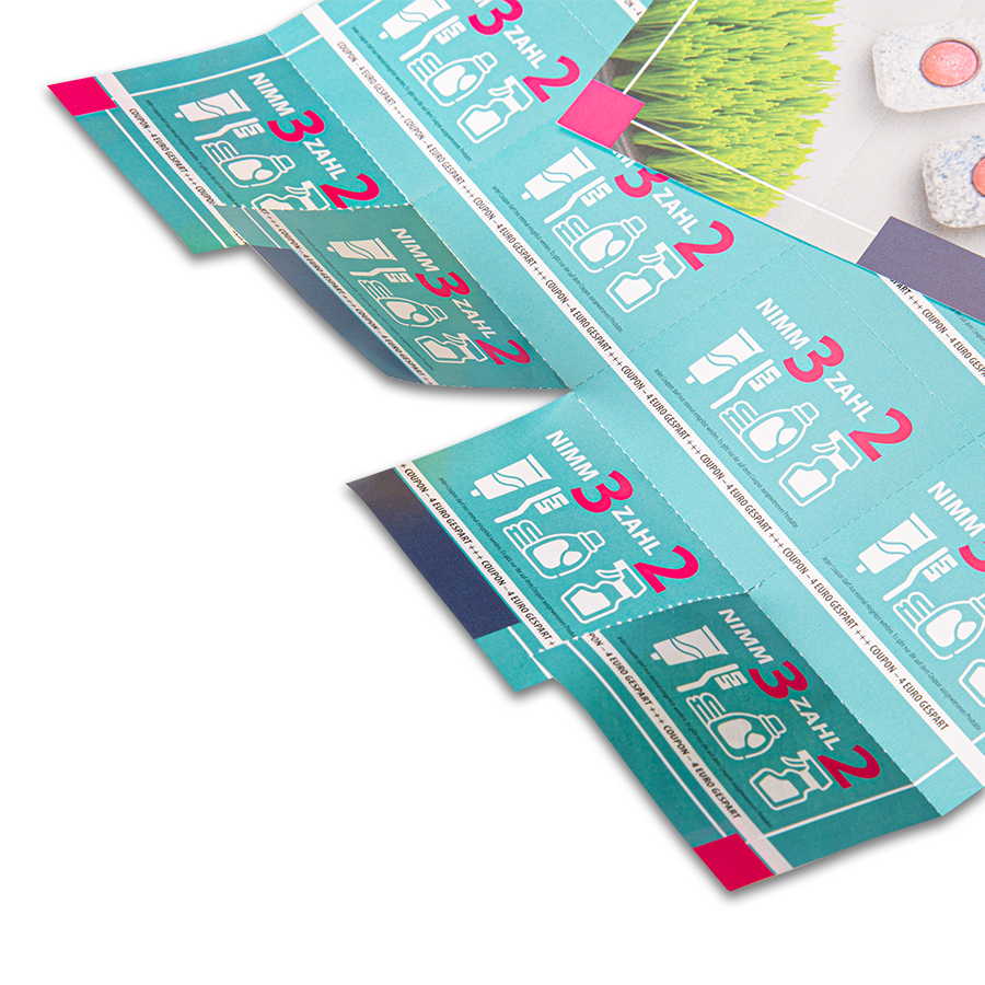 Perforierte Couponbogen mit 12, 18 oder 24 Coupons vollfarbig und beidseitig bedrucken