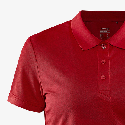 Detailansicht rotes Damen-Poloshirt von Craft mit Kragen und Knopfleiste