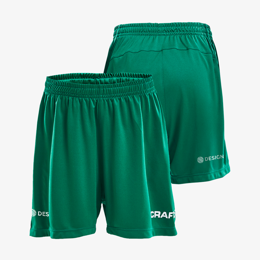 Grüne, individuell bedruckte Craft-Shorts für Kinder in der Vorder- und Rückansicht