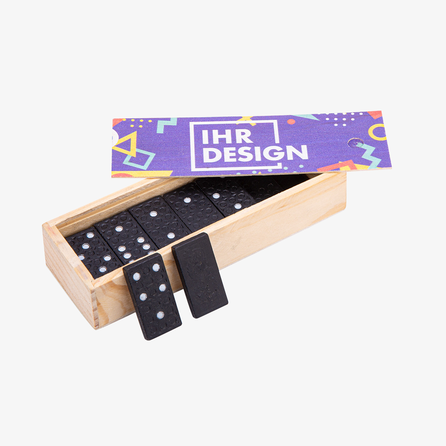 Dominospiel in Holzbox mit bedrucktem Deckel