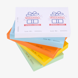 Stapel Doppellos-Blöcke aus grünem, gelbem, orangefarbenem, blauem & weissem Papier, 4-farbig bedruckt