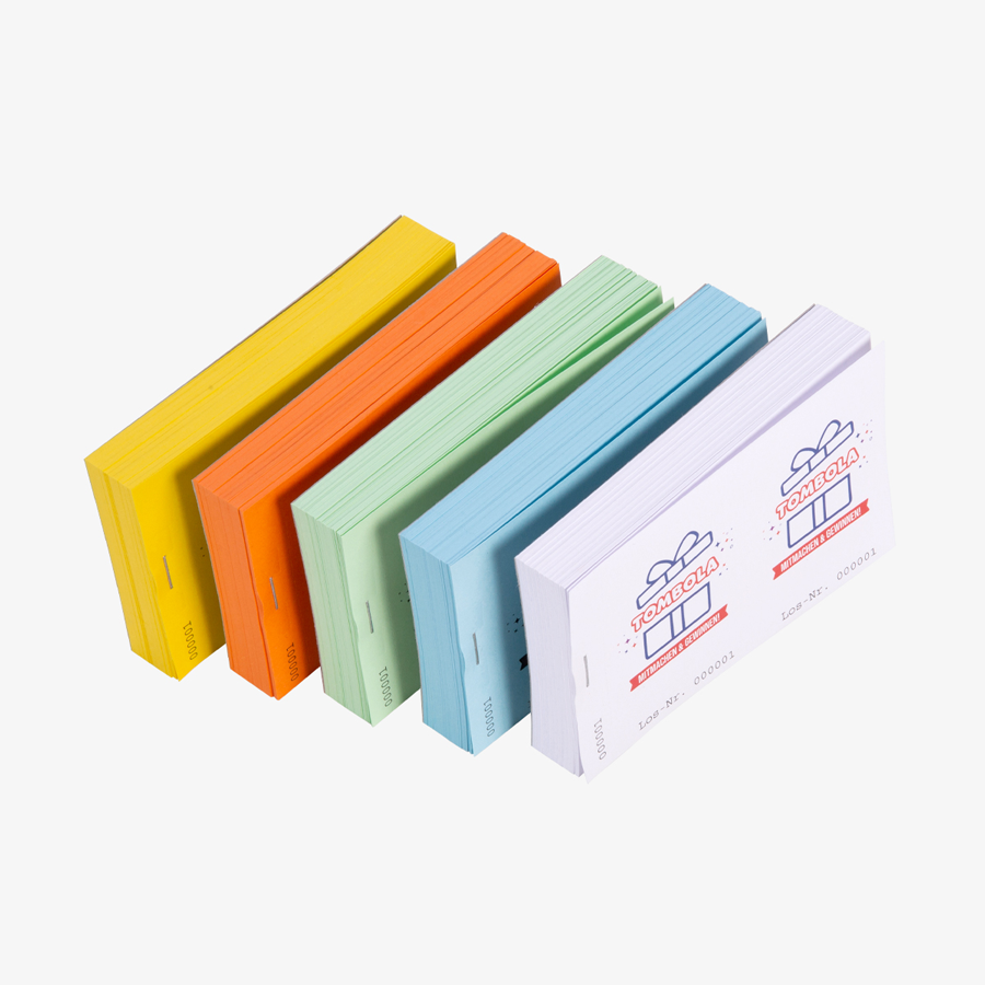 Doppellos-Blöcke aus grünem, gelbem, orangefarbenem, blauem & weissem Papier, 4-farbig bedruckt