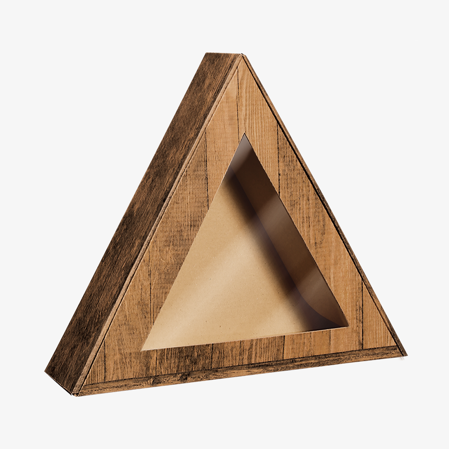 Dreieckige Geschenkbox mit Sichtfenster in Holzopzik, 29,1 x 28,8 x 7,4 cm
