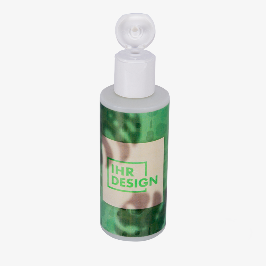 Duschgel im Wunschdesign in 100-ml-Flasche mit geöffnetem Klappdeckel