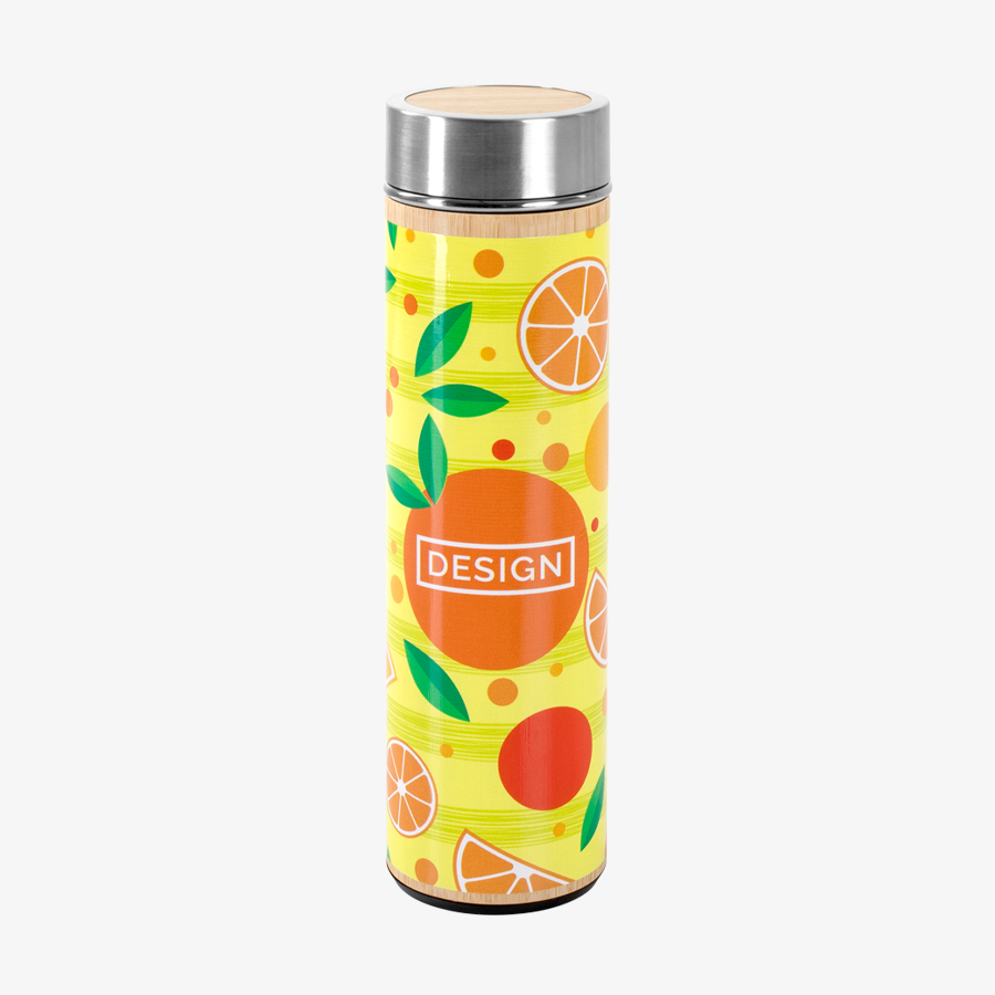 Edelstahlflasche (500 ml) mit Bambus-Aussenwand, rundum vollfarbig bedruckt