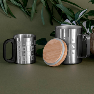 Edelstahl Thermotasse mit Bambusdeckel und Runum-Gravur