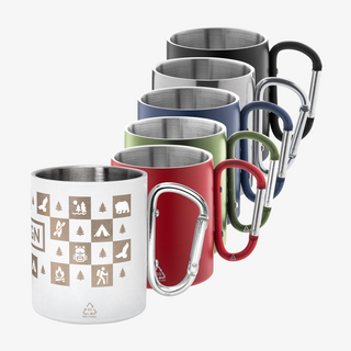 Edelstahltasse mit Karabinerhaken und individueller Rundumgravur, erhältlich in vielen Farben