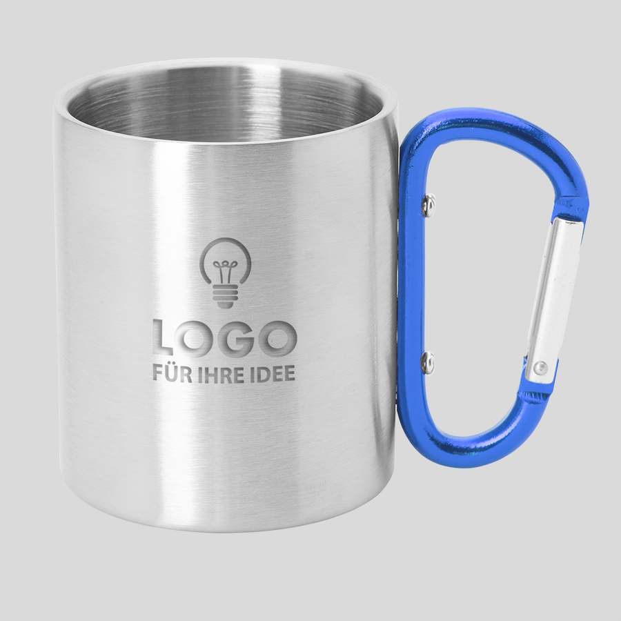 Edelstahltasse mit blauem Karabinerhaken und mit individueller Gravur