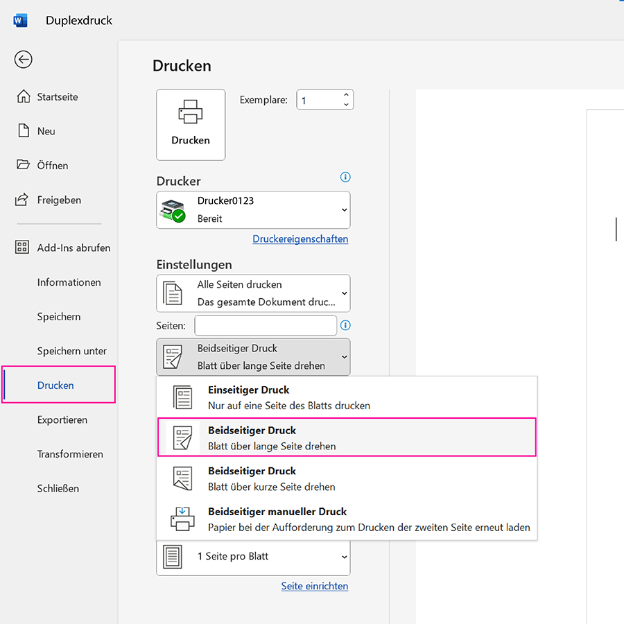 Einstellung des Duplexdrucks in Microsoft Word