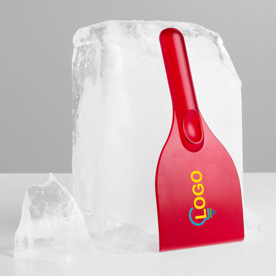 Eiskratzer aus transparentem Kunststoff, in Rot, individueller Druck auf der Vorderseite