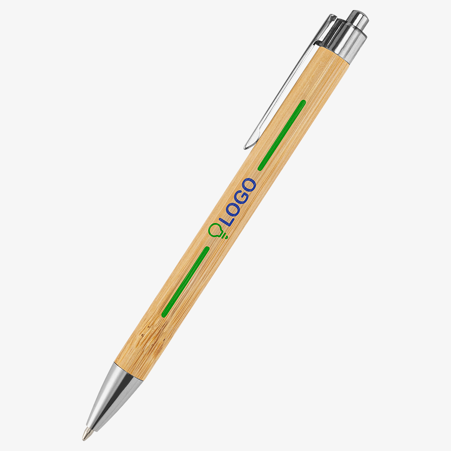 Bambus-Kugelschreiber im Premium-Modell mit Tampondruck auf dem Schaft in der Gesamtansicht