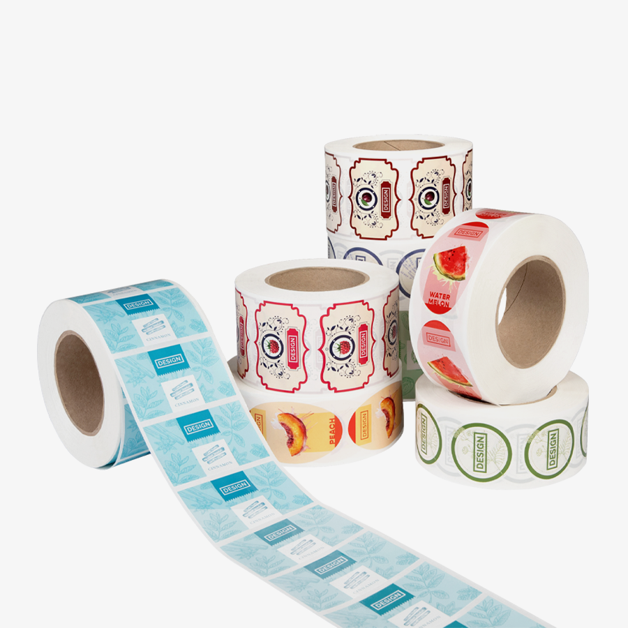 Vielfältige Etiketten auf Rolle mit Mehrfachmotiven und verschiedenem Rollendurchmesser, für maschinelle Verarbeitung