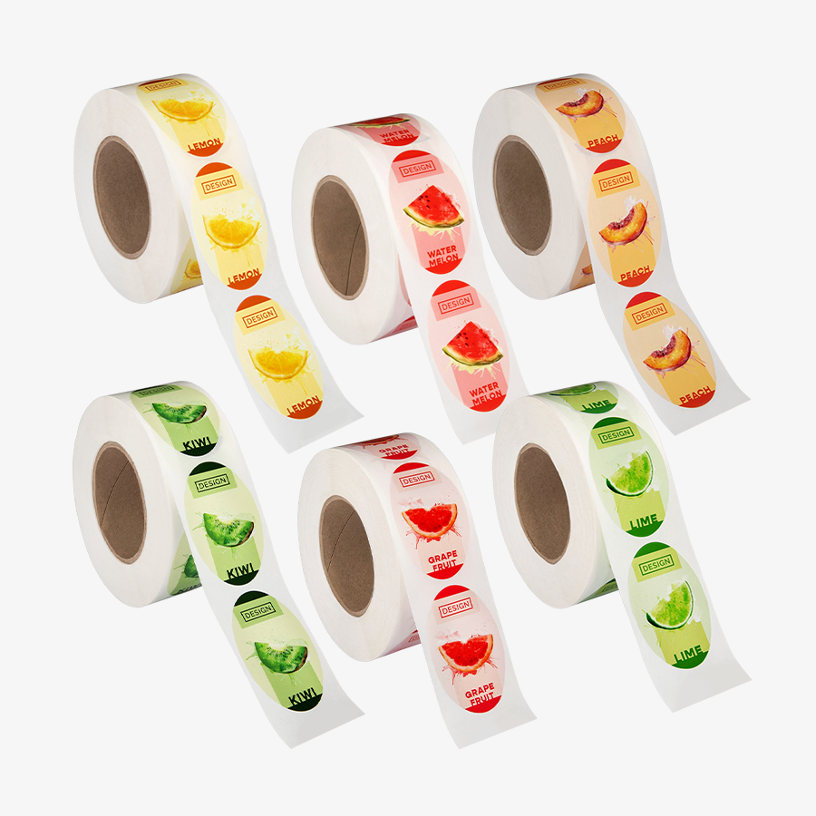 Etiketten auf Rolle mit eigener Rollengrösse und ovalen Mehrfachmotiven, für maschinelle Verarbeitung