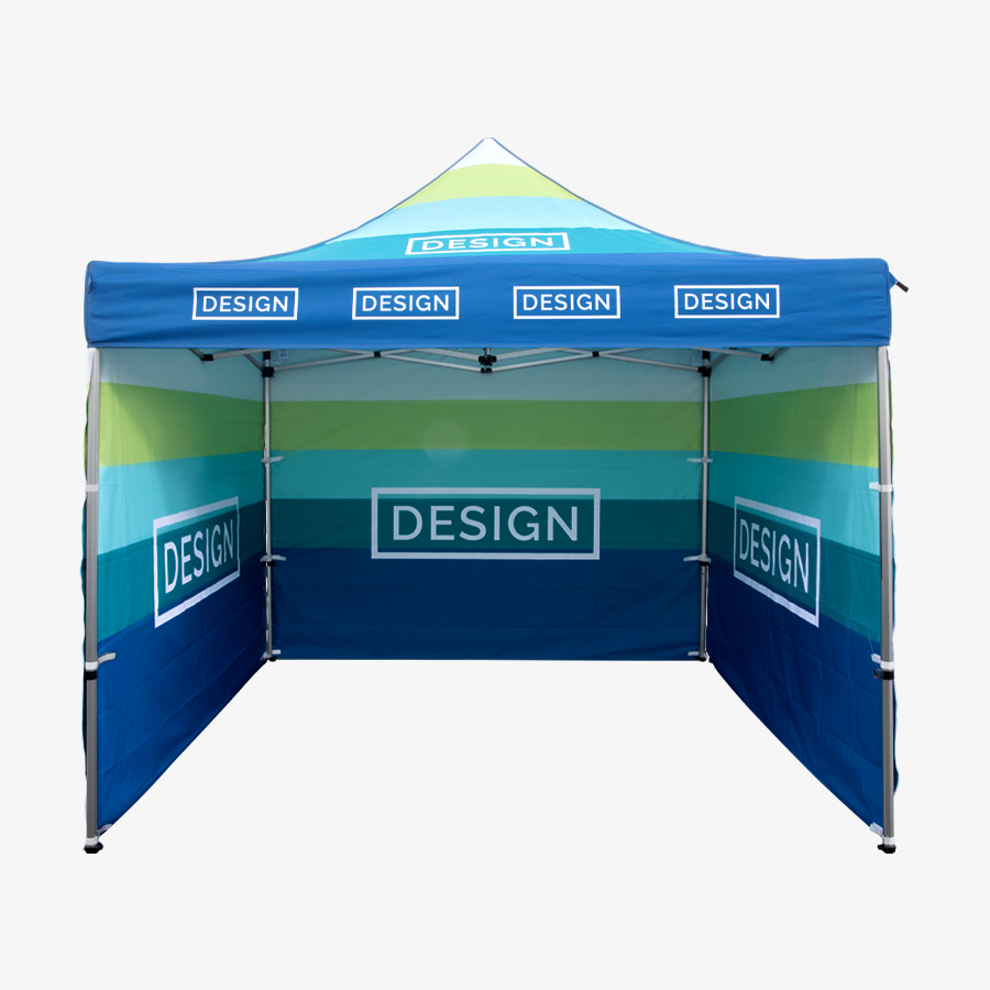 Frontansicht eines Faltpavillons mit individuellem Sublimationsdruck