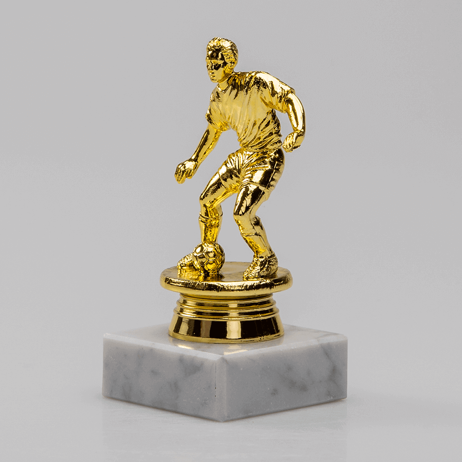 Hochwertiger Fussballpokal in Gold, individuell graviert per Lasergravur auf dem Sockelschild