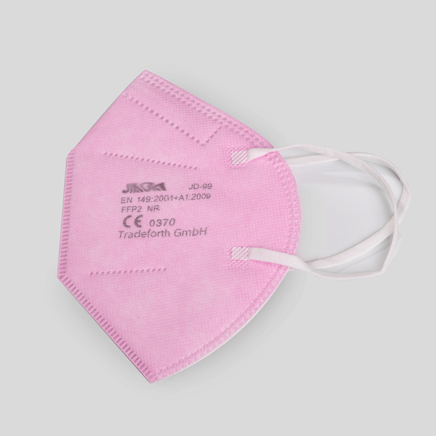 Seitliche Ansicht einer zertifizierten FFP2-Maske in rosa, mit optimaler Passform und Nasenbügel