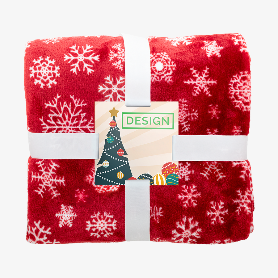 Fleecedecke mit Weihnachtsmotiv Schneeflockenmuster in rot mit personalisierbarer Banderole