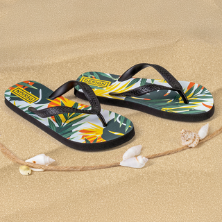 Bedruckte Flip-Flops mit schwarzem PVC-Riemen und Wunschmotiv