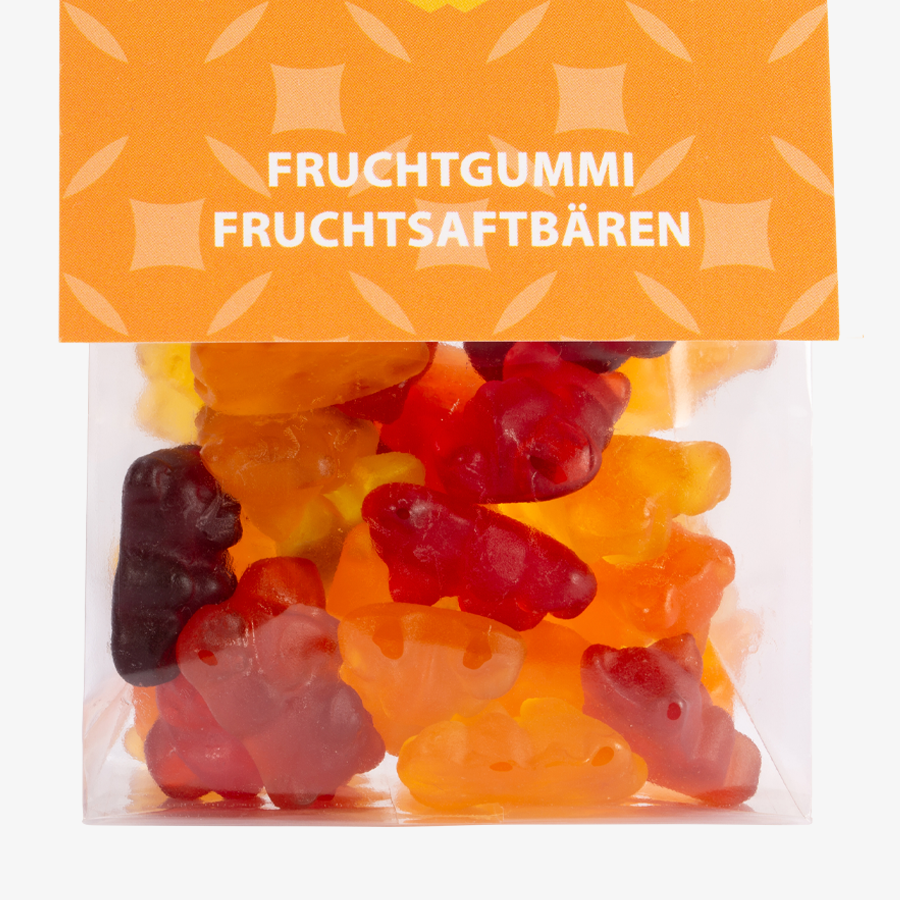 Detailansicht Fruchtgummi-Fruchtsaftbären im Folienbeutel mit Headerkarte