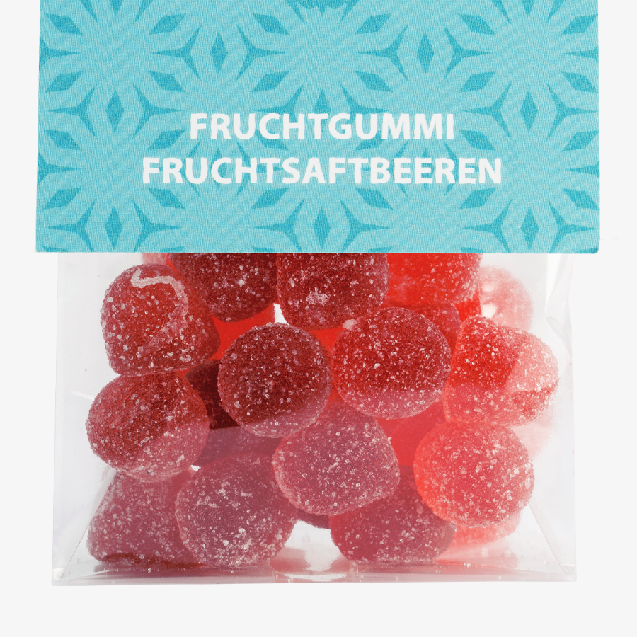 Detailansicht Fruchtgummi-Fruchtsaftbeeren mit Erdbeergeschmack im Folienbeutel mit Headerkarte