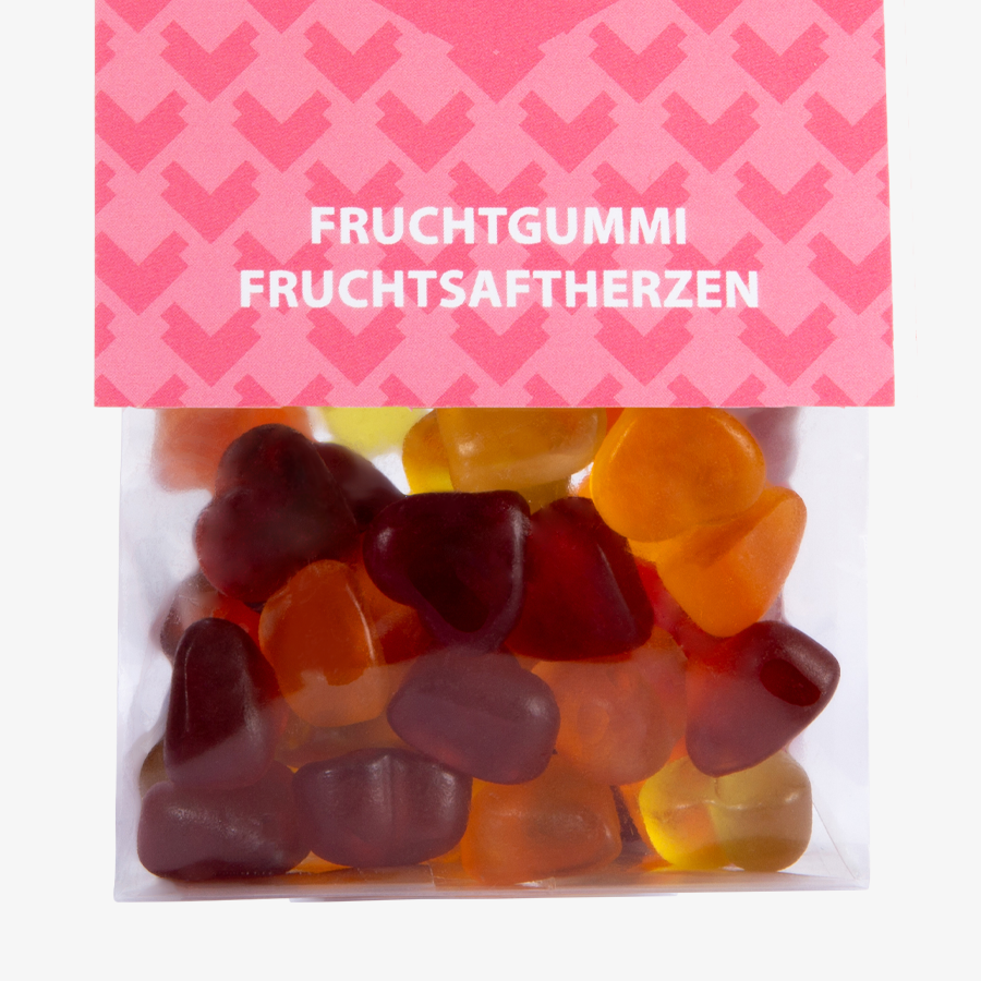 Detailansicht Fruchtgummi-Fruchtsaftherzen im Folienbeutel mit Headerkarte