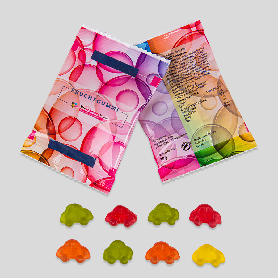 HARIBO-Autos in Tütchen, individuell bedruckt auf einer Druckfläche von 62 x 90 mm