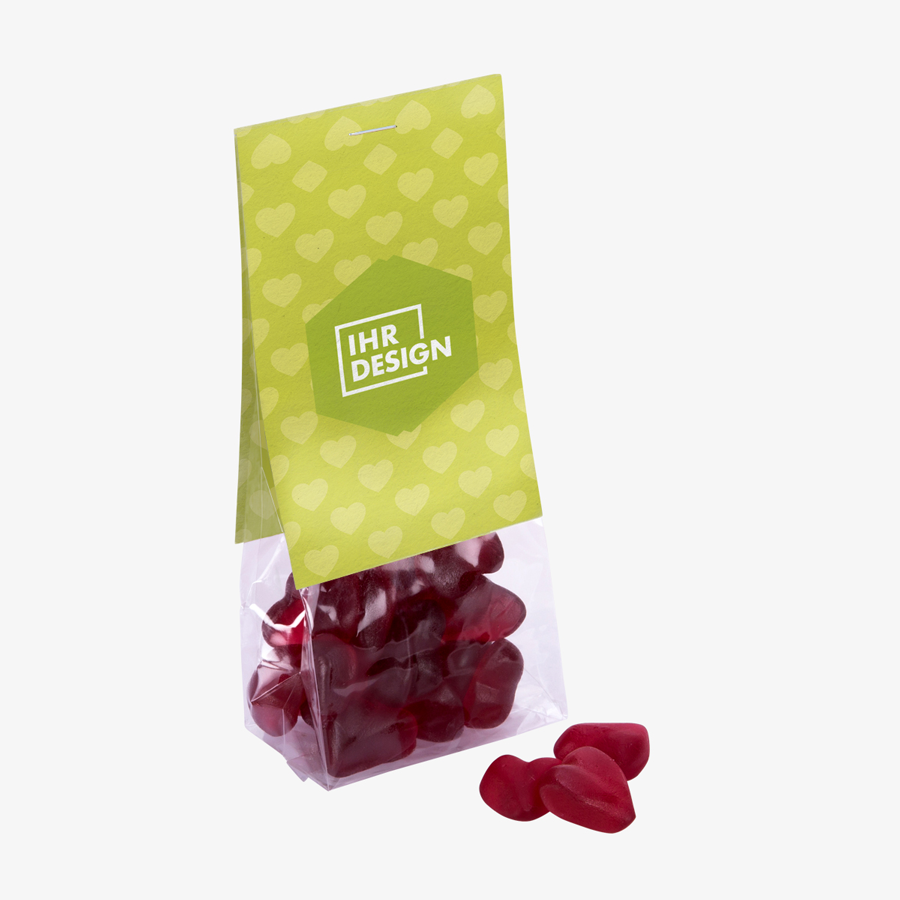 Vegane Fruchtgummi-Herzen im Folienbeutel mit bedruckbarer Headerkarte