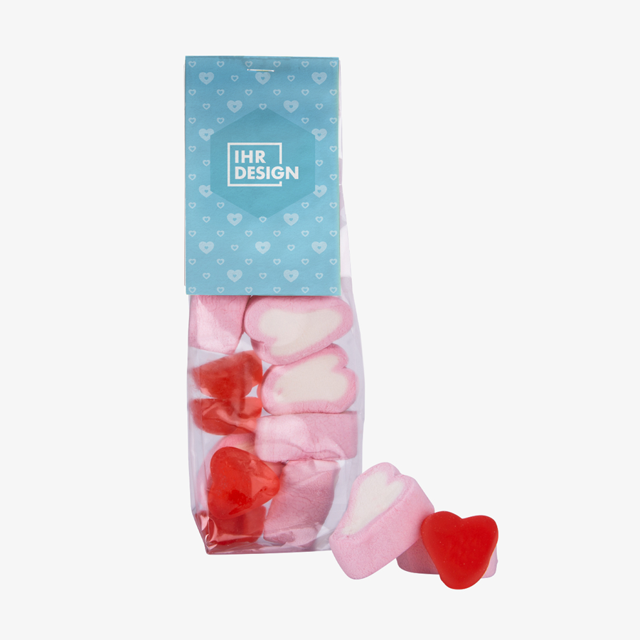 Fruchtgummi- und Schaumzucker-Herzen im Folienbeutel mit bedruckbarer Headerkarte