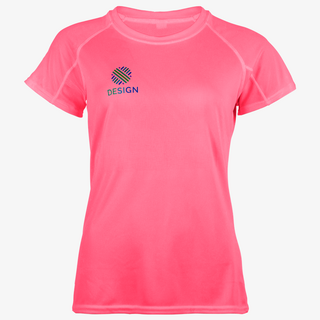 Funktionsshirt für Damen in leuchtendem Rosa/Pink, auf der Brust bedruckt mit buntem Logo