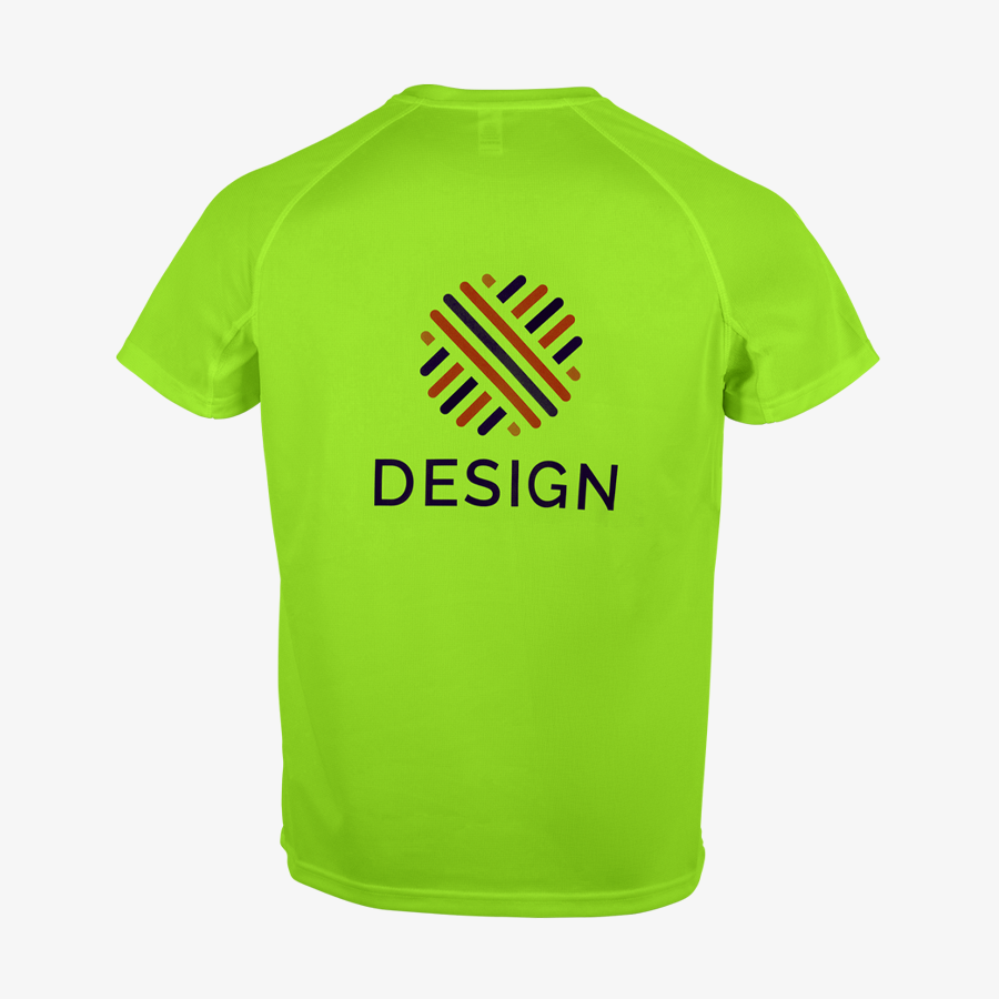 Funktionsshirt für Herren in leuchtendem Grün, auf dem Rücken gross bedruckt mit einem bunten Logo