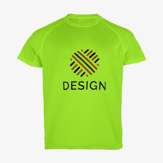 Funktionsshirt für Herren in leuchtendem Grün, auf der Brust gross bedruckt mit einem bunten Logo
