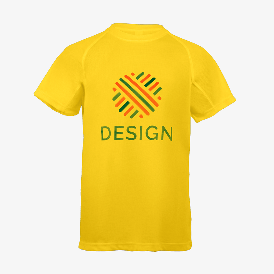 Funktionsshirt von Roly für Kinder in Gelb, vorne mittig gross bedruckt mit buntem Logo