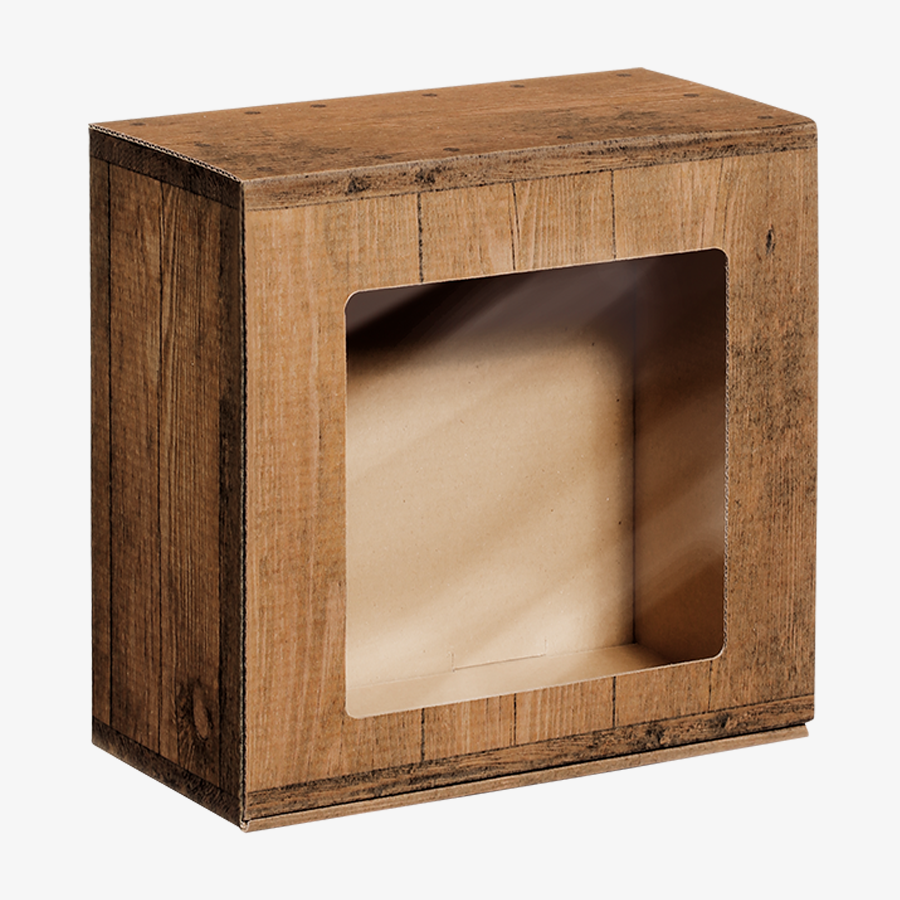 Geschenkbox mit Sichtfenster (293 x 295 x 95 mm) in neutraler Holzoptik