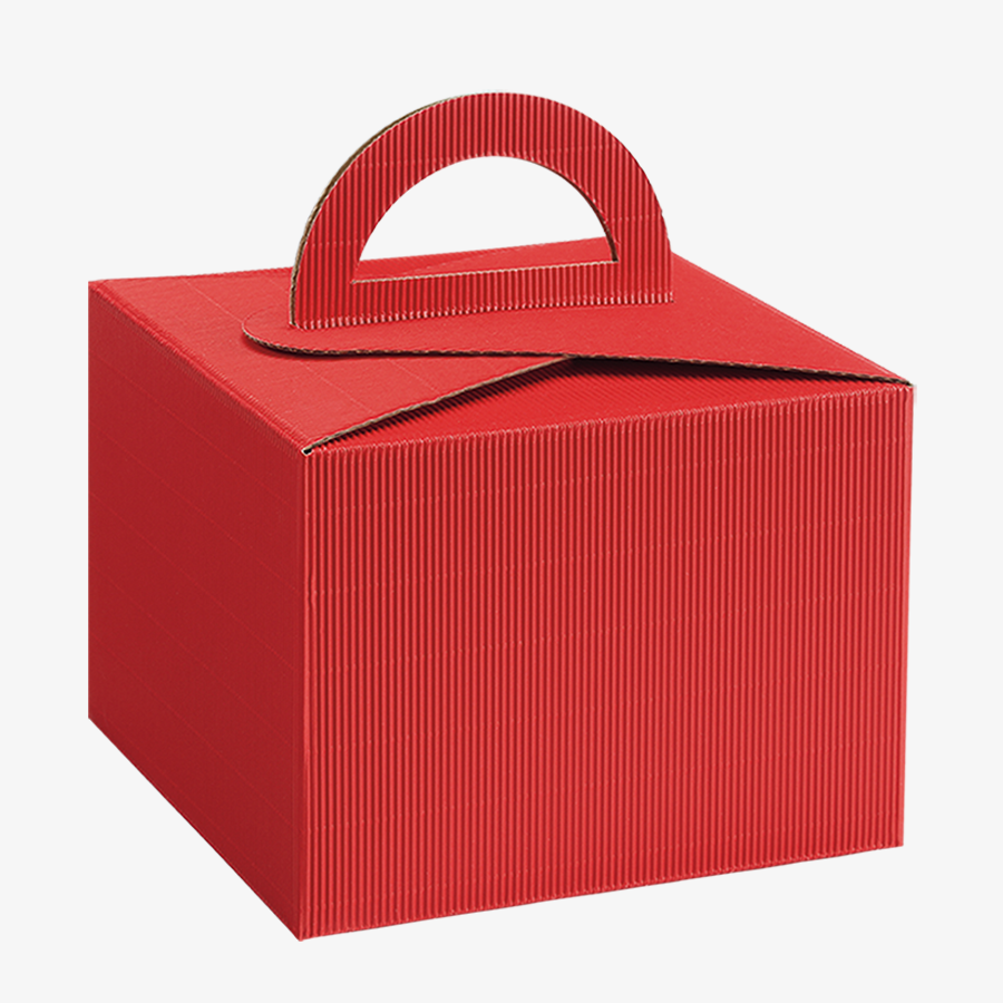 Rote Geschenkbox mit Tragegriff aus Wellpappe im Format 19,5 x 19,5 x 15 cm
