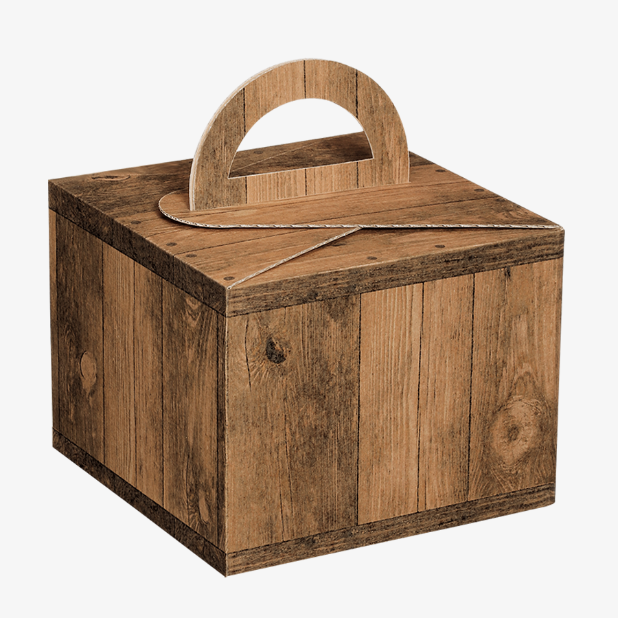 Geschenkbox mit Tragegriff in Holzoptik, im Format 19,5 x 19,5 x 15 cm