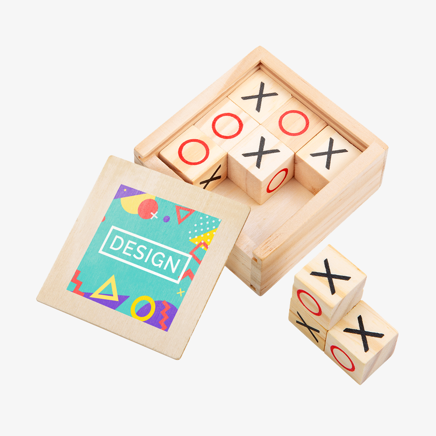 Spiel Drei Gewinnt in Holzbox mit vollfarbig bedrucktem Deckel