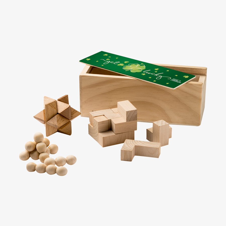 Holzkiste mit drei Geschicklichkeitsspielen, vollfarbiger Digitaldruck auf Schiebedeckel