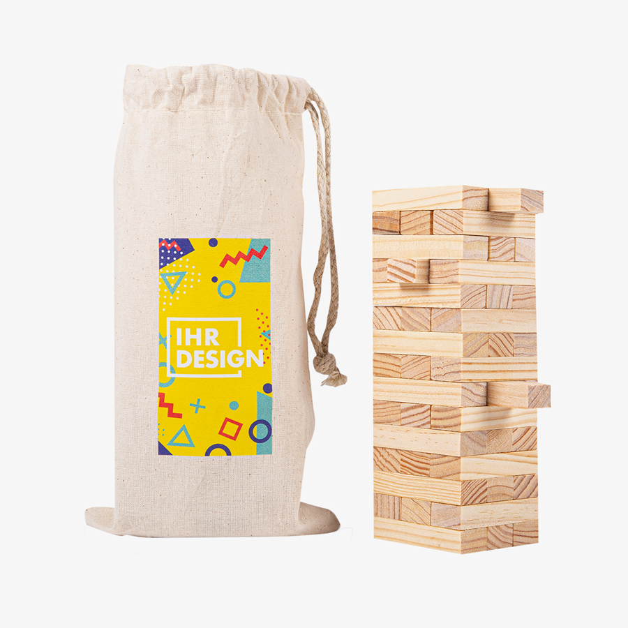 Geschicklichkeitsspiel Turmbau mit bedrucktem Baumwollbeutel