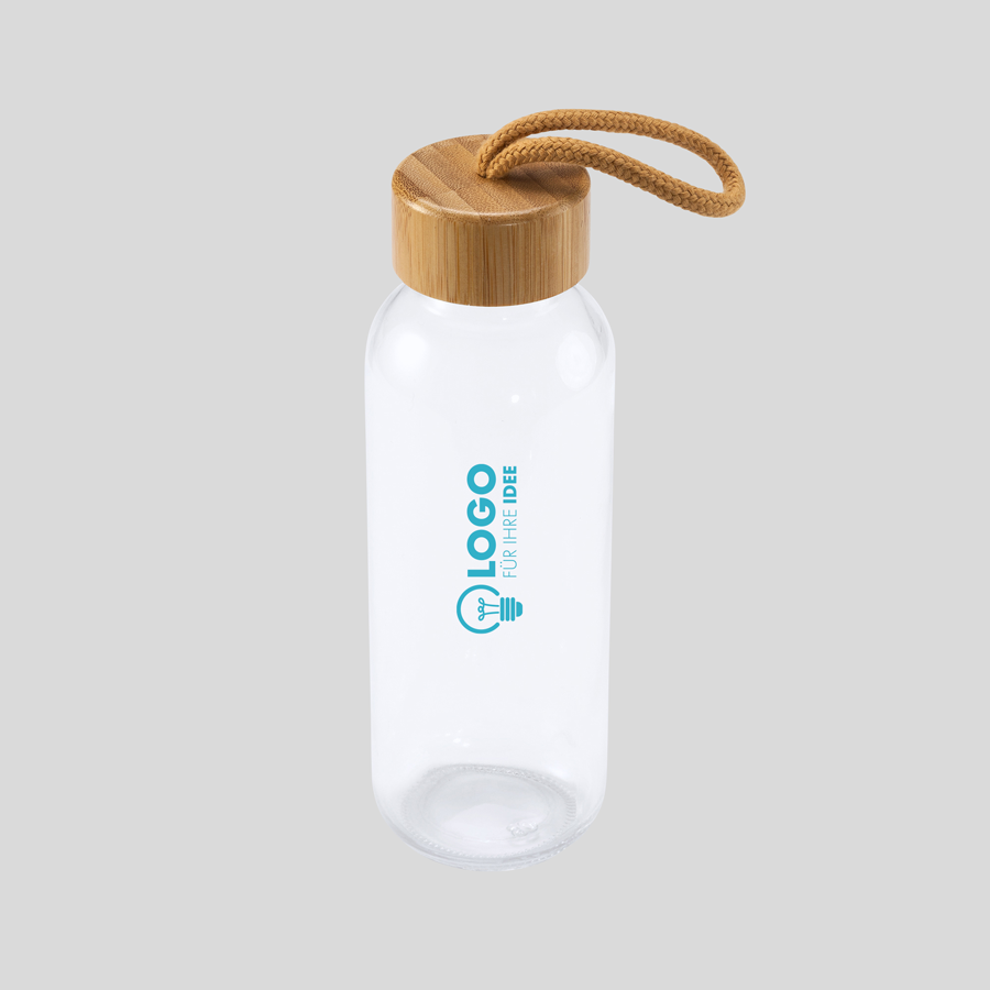Glasflasche mit Bambusdeckel bedruckbar 450ml Tampondruck