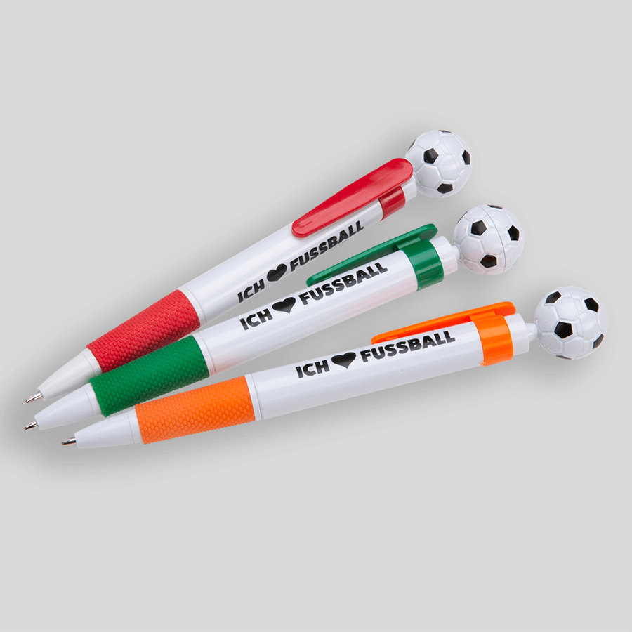 Sortiment an Fussball-Kugelschreibern in verschiedenen Farben, mit Logo bedruckbar 