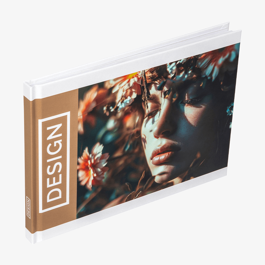 Hardcover-Buch mit geradem Rücken und individuellem Druck in der Coveransicht im Format DIN A5 quer