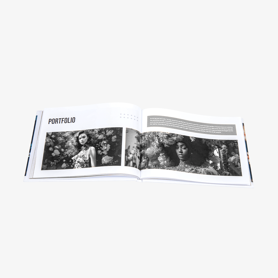 Aufgeschlagenes Hardcover-Buch mit geradem Rücken und schwarz-weissem Innenteil im Format DIN A5 quer