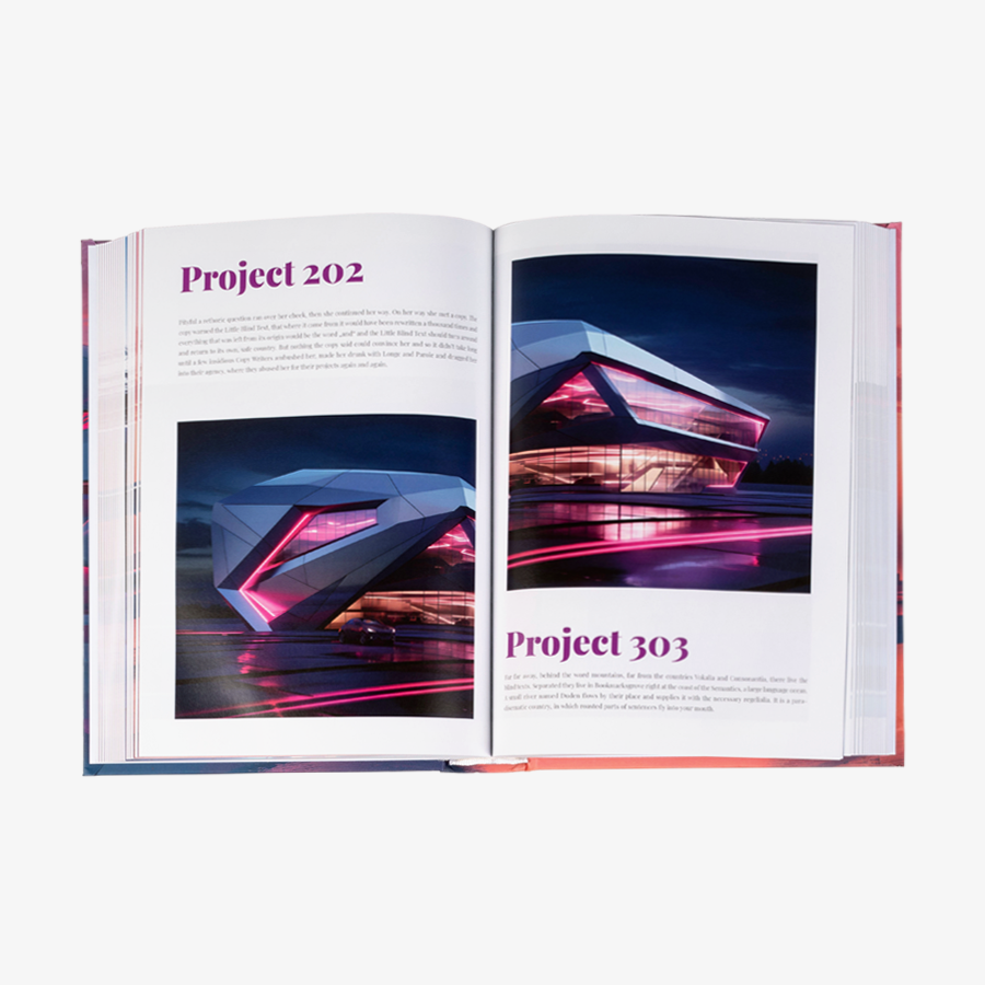 Hardcover-Buch mit rundem Rücken und farbigem Inhalt im Format 170 x 240 mm