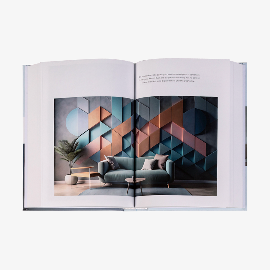 Hardcover Buch mit rundem Rücken aufgeschlagen, DIN A5 farbig