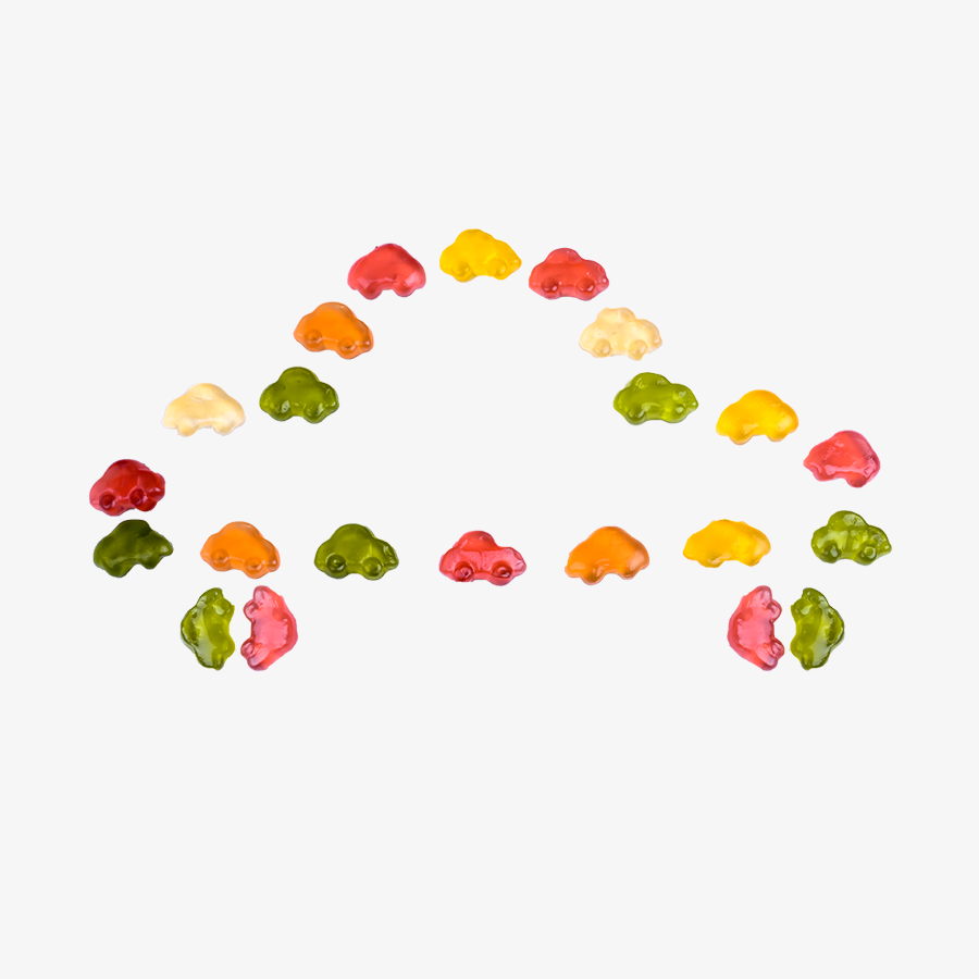 HARIBO-Autos in verschiedenen Farben und Geschmacksrichtungen